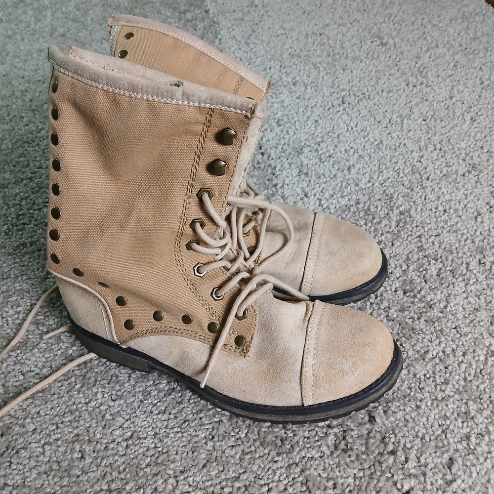 Roxy Concord Tan Canvas Suede Studded Combat Boots ARJB700007 Womens 8.5
